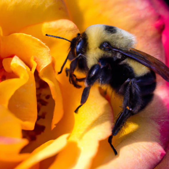 high-resolution macro photo of a [insect] interacting with a [flower], the [insect] should be in focus allowing for intricate detail to be seen. The [flower] should be rendered in high detail, showing off its vivid petals and delicate textures, photo from National Geographic, natural light, Canon RF 100mm f/2.8L MACRO